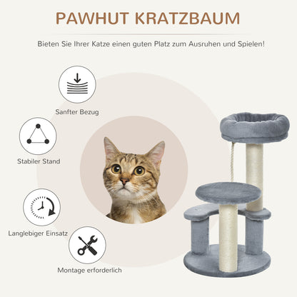 Cat Tree Climbing Tree with Hammock, 3-Tier Play Tree with Cat Bed Cat Scratching Post with Sitting Platform, Sisal Columns, Gray Ø40 x H65 cm