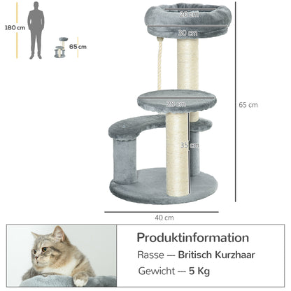 Cat Tree Climbing Tree with Hammock, 3-Tier Play Tree with Cat Bed Cat Scratching Post with Sitting Platform, Sisal Columns, Gray Ø40 x H65 cm