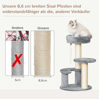 Cat Tree Climbing Tree with Hammock, 3-Tier Play Tree with Cat Bed Cat Scratching Post with Sitting Platform, Sisal Columns, Gray Ø40 x H65 cm