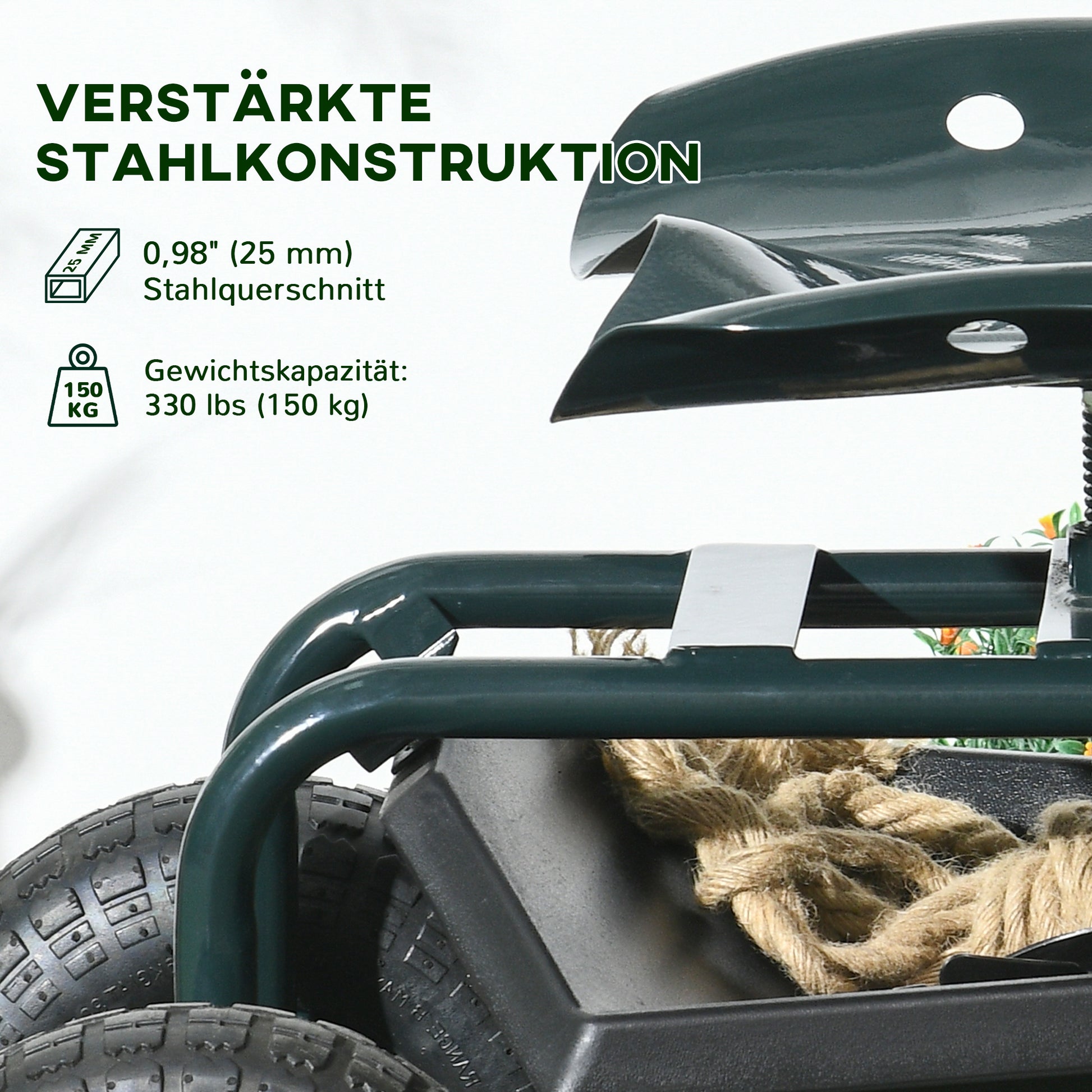 Rolling Workshop Cart with Storage Basket, Mobile Roll Cart Swivel Work Seat Garden Roller Seat Direction for Small Garden Tools Steel Green