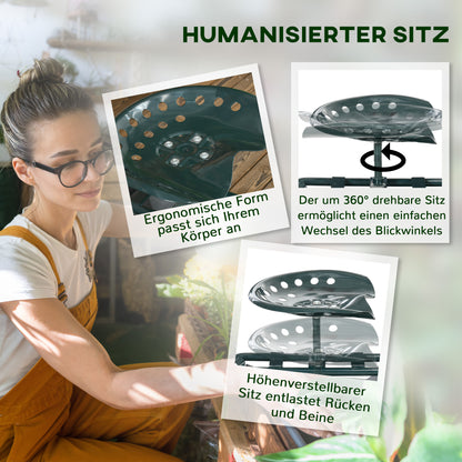 Rolling Workshop Cart with Storage Basket, Mobile Roll Cart Swivel Work Seat Garden Roller Seat Direction for Small Garden Tools Steel Green