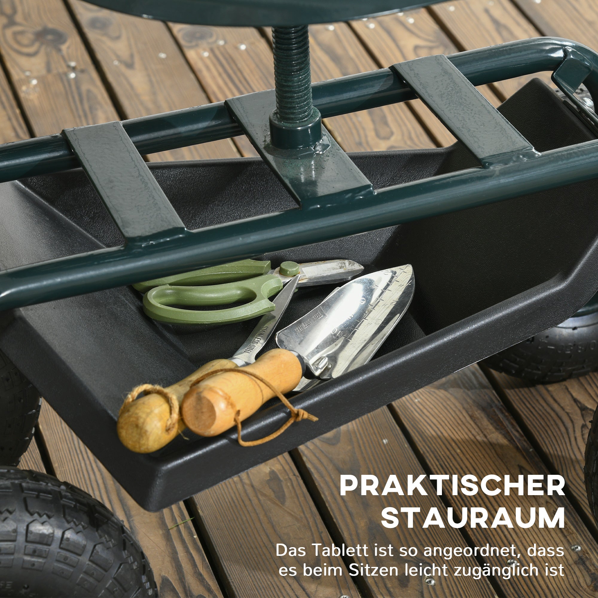 Rolling Workshop Cart with Storage Basket, Mobile Roll Cart Swivel Work Seat Garden Roller Seat Direction for Small Garden Tools Steel Green