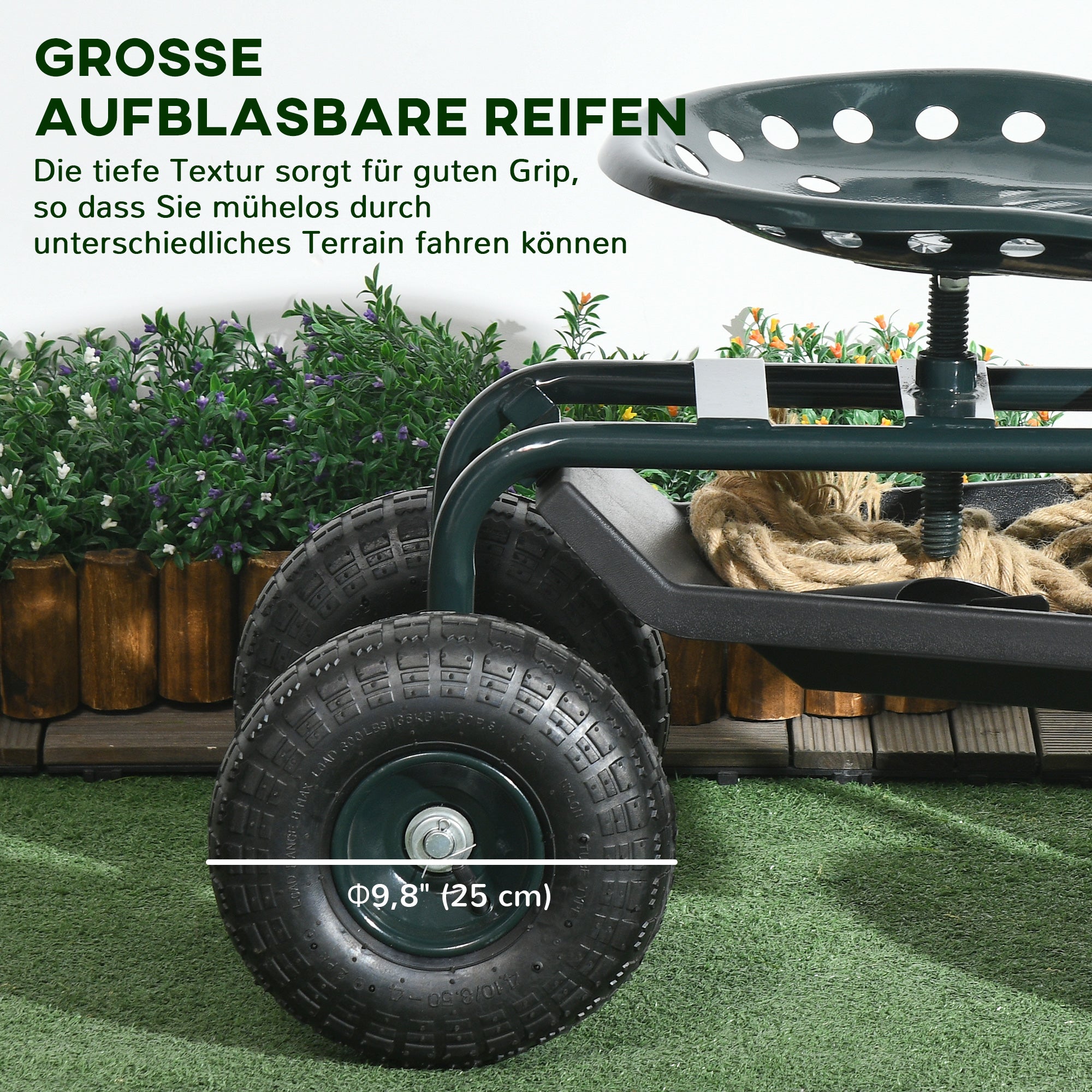 Rolling Workshop Cart with Storage Basket, Mobile Roll Cart Swivel Work Seat Garden Roller Seat Direction for Small Garden Tools Steel Green