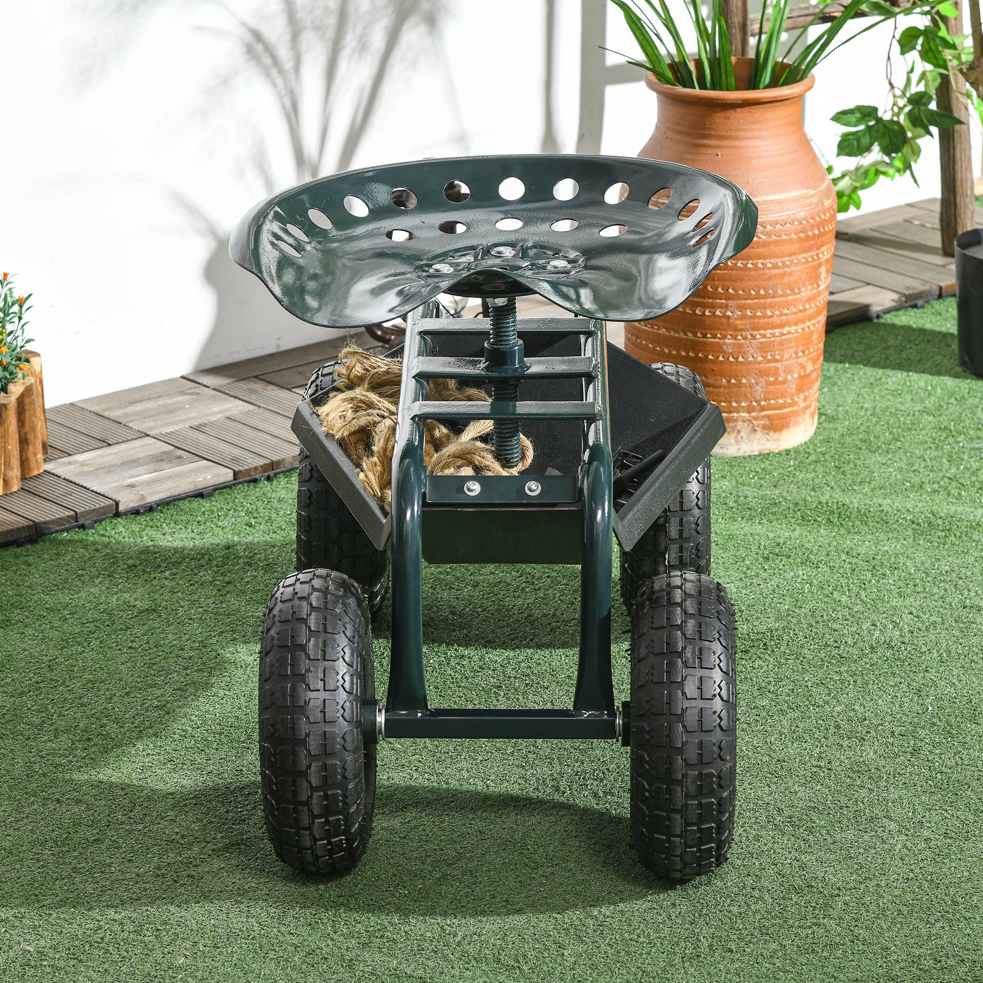 Rolling Workshop Cart with Storage Basket, Mobile Roll Cart Swivel Work Seat Garden Roller Seat Direction for Small Garden Tools Steel Green