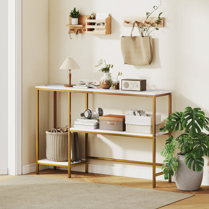 Console Table 47.2 in, 3-Tier Console with Shelves, Marble-Effect Tops, Metal Frame, Entryway & Hall Table, White/Gold