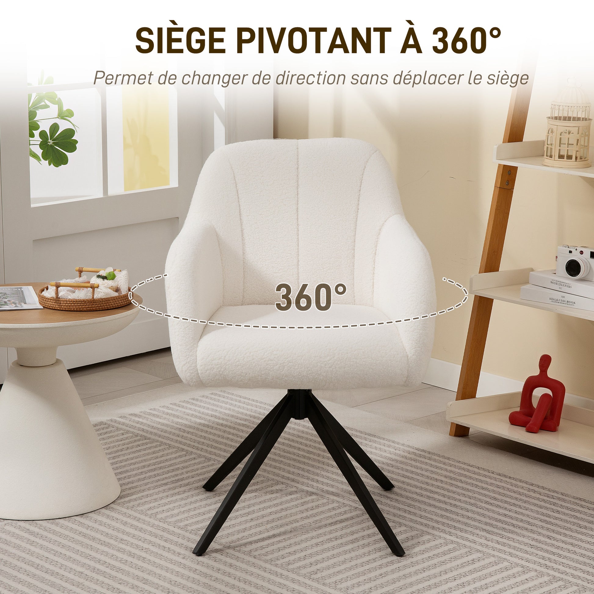 Swivel Lounge Chair Relaxing Bedroom Chair Padded Comfort Steel Legs Ted Fleece Fabric for Living Room Bedroom Office White