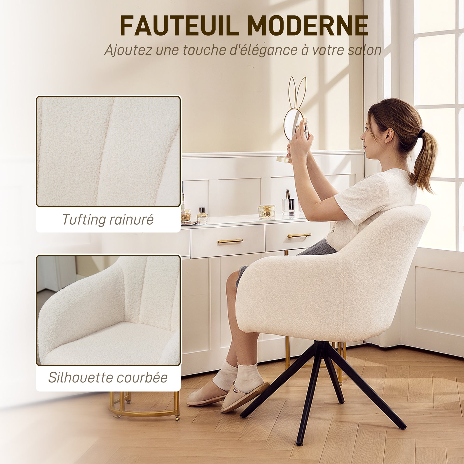 Swivel Lounge Chair Relaxing Bedroom Chair Padded Comfort Steel Legs Ted Fleece Fabric for Living Room Bedroom Office White