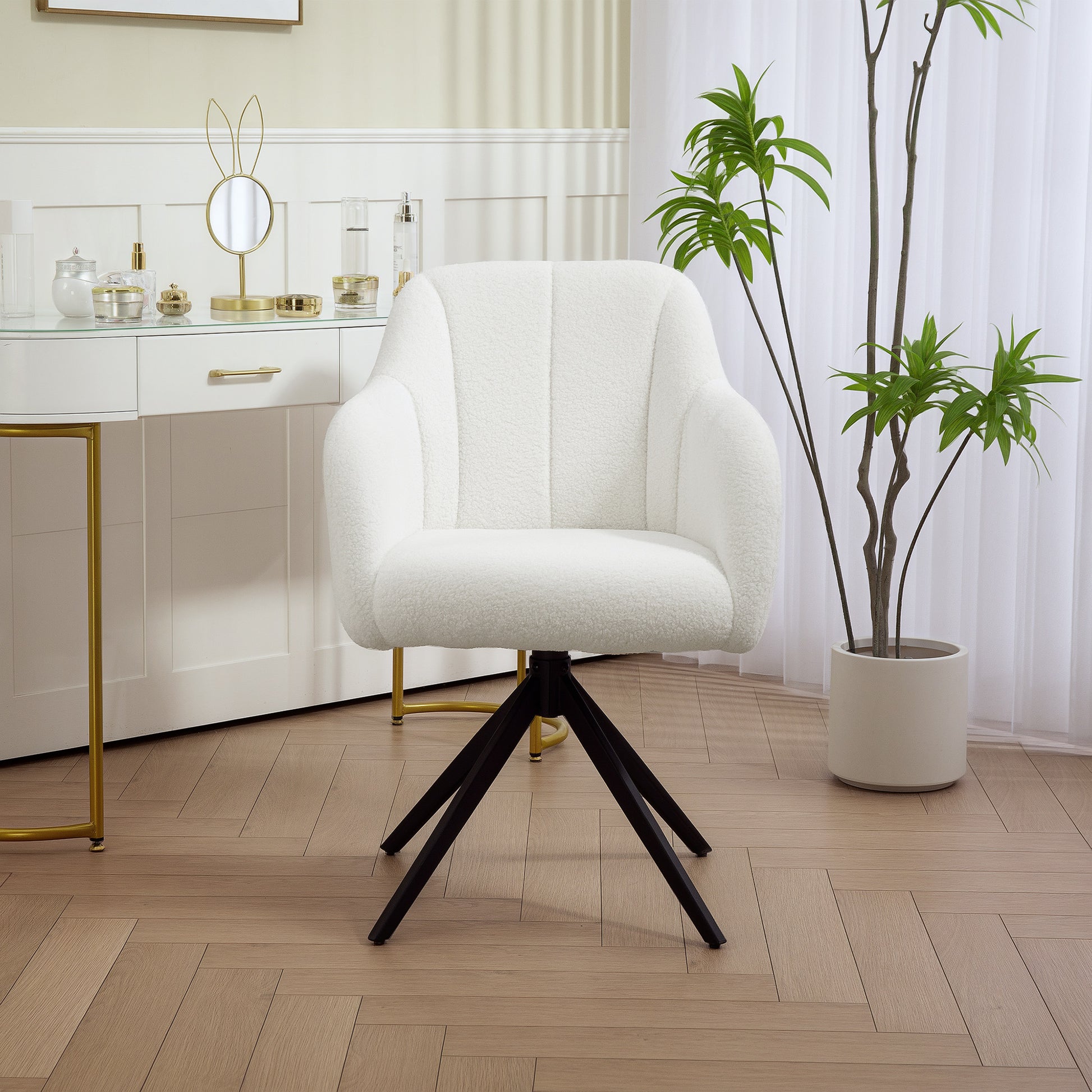Swivel Lounge Chair Relaxing Bedroom Chair Padded Comfort Steel Legs Ted Fleece Fabric for Living Room Bedroom Office White