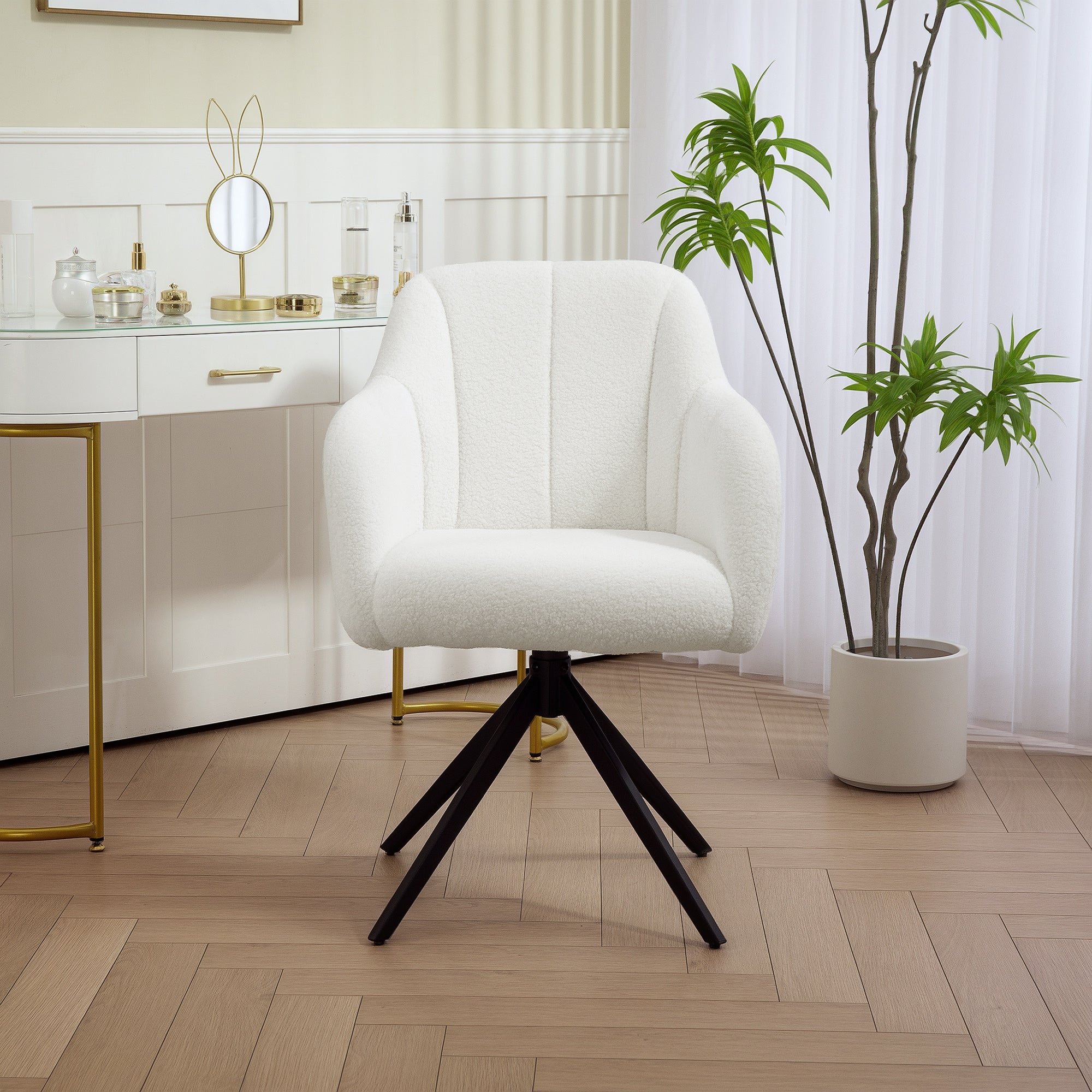 Swivel Lounge Chair Relaxing Bedroom Chair Padded Comfort Steel Legs Ted Fleece Fabric for Living Room Bedroom Office White