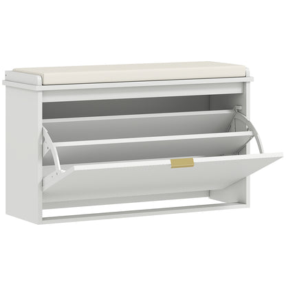 Shoe Bench Shoe Storage Bench Narrow Entryway Bench with Padded Seat Flip-Top Drawer and Slatted Panel for 8 Pairs of Shoes for Entryway Bedroom 80x26x47.5 cm White
