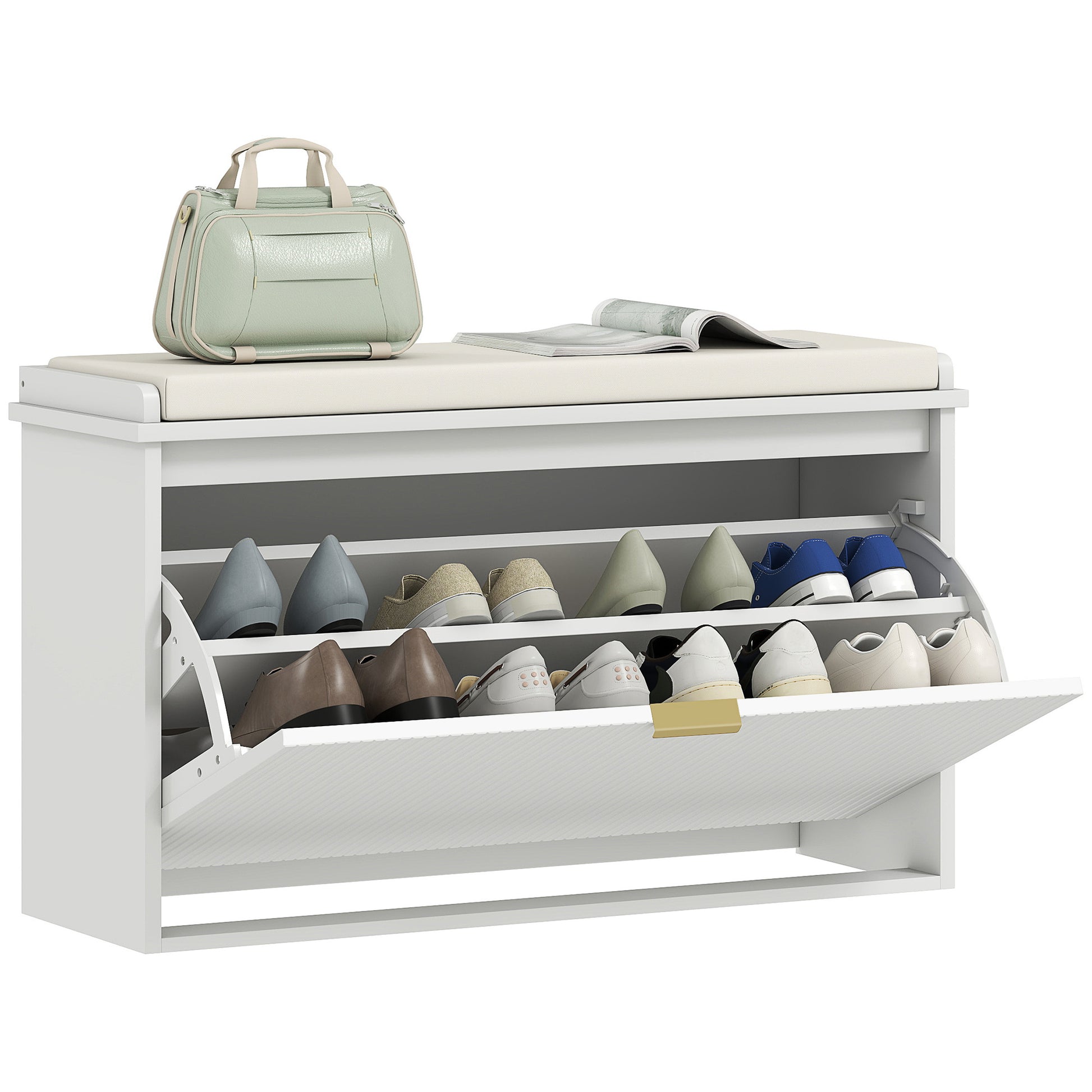 Shoe Bench Shoe Storage Bench Narrow Entryway Bench with Padded Seat Flip-Top Drawer and Slatted Panel for 8 Pairs of Shoes for Entryway Bedroom 80x26x47.5 cm White