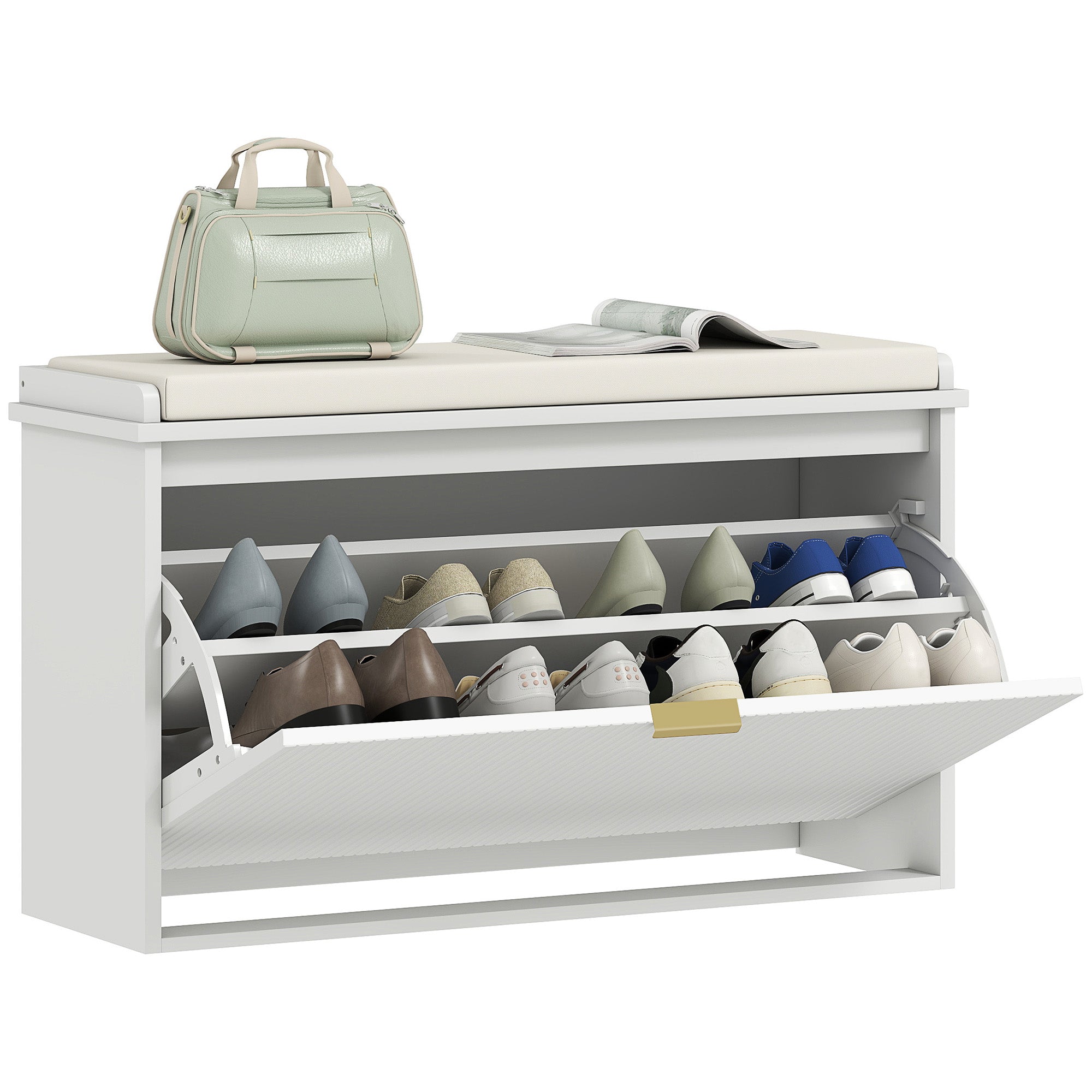 Shoe Bench Shoe Storage Bench Narrow Entryway Bench with Padded Seat Flip-Top Drawer and Slatted Panel for 8 Pairs of Shoes for Entryway Bedroom 80x26x47.5 cm White