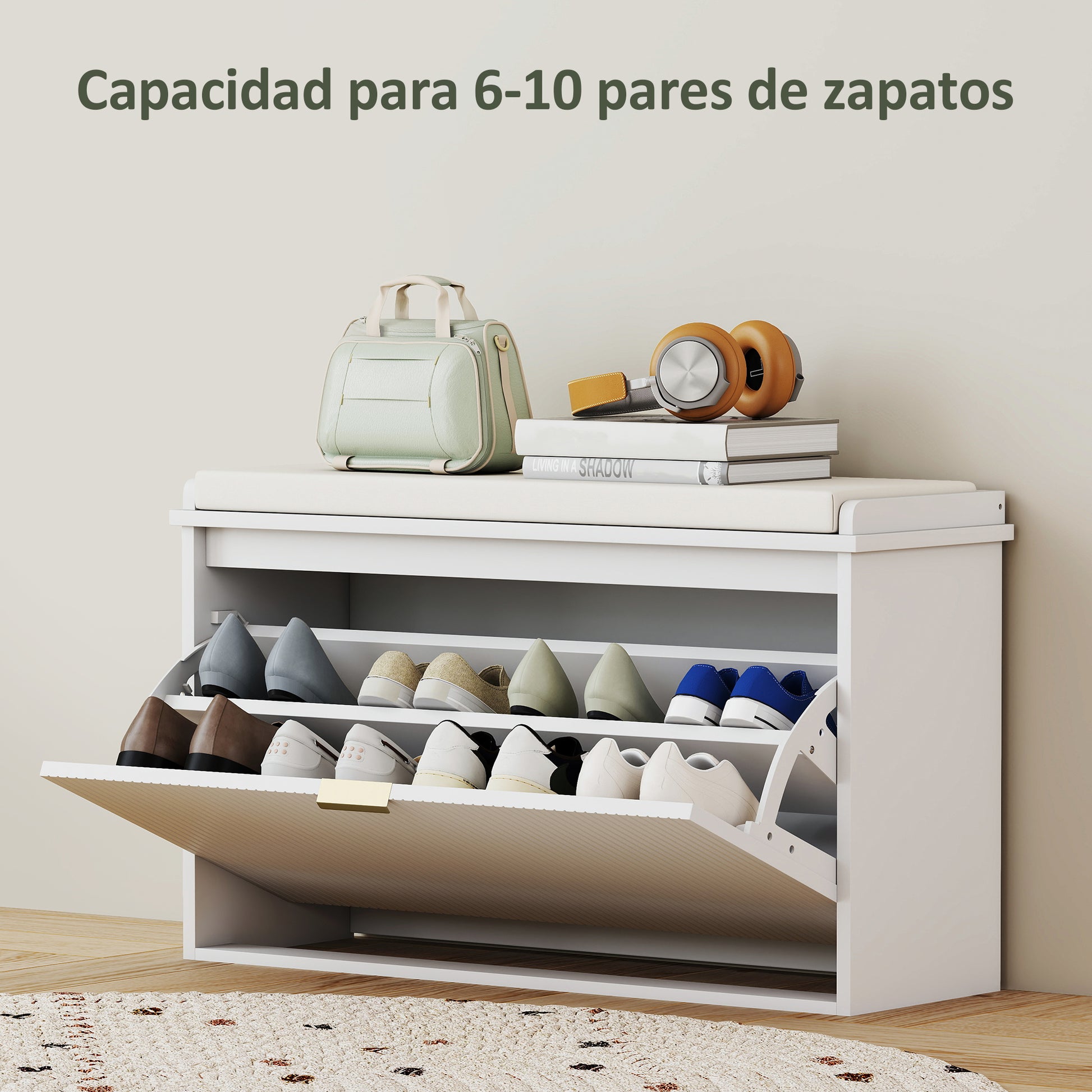 Shoe Bench Shoe Storage Bench Narrow Entryway Bench with Padded Seat Flip-Top Drawer and Slatted Panel for 8 Pairs of Shoes for Entryway Bedroom 80x26x47.5 cm White