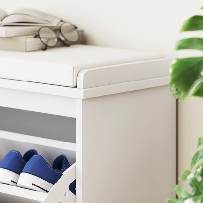 Shoe Bench Shoe Storage Bench Narrow Entryway Bench with Padded Seat Flip-Top Drawer and Slatted Panel for 8 Pairs of Shoes for Entryway Bedroom 80x26x47.5 cm White