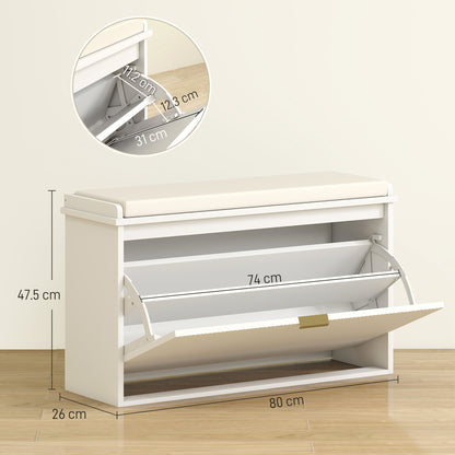 Shoe Bench Shoe Storage Bench Narrow Entryway Bench with Padded Seat Flip-Top Drawer and Slatted Panel for 8 Pairs of Shoes for Entryway Bedroom 80x26x47.5 cm White