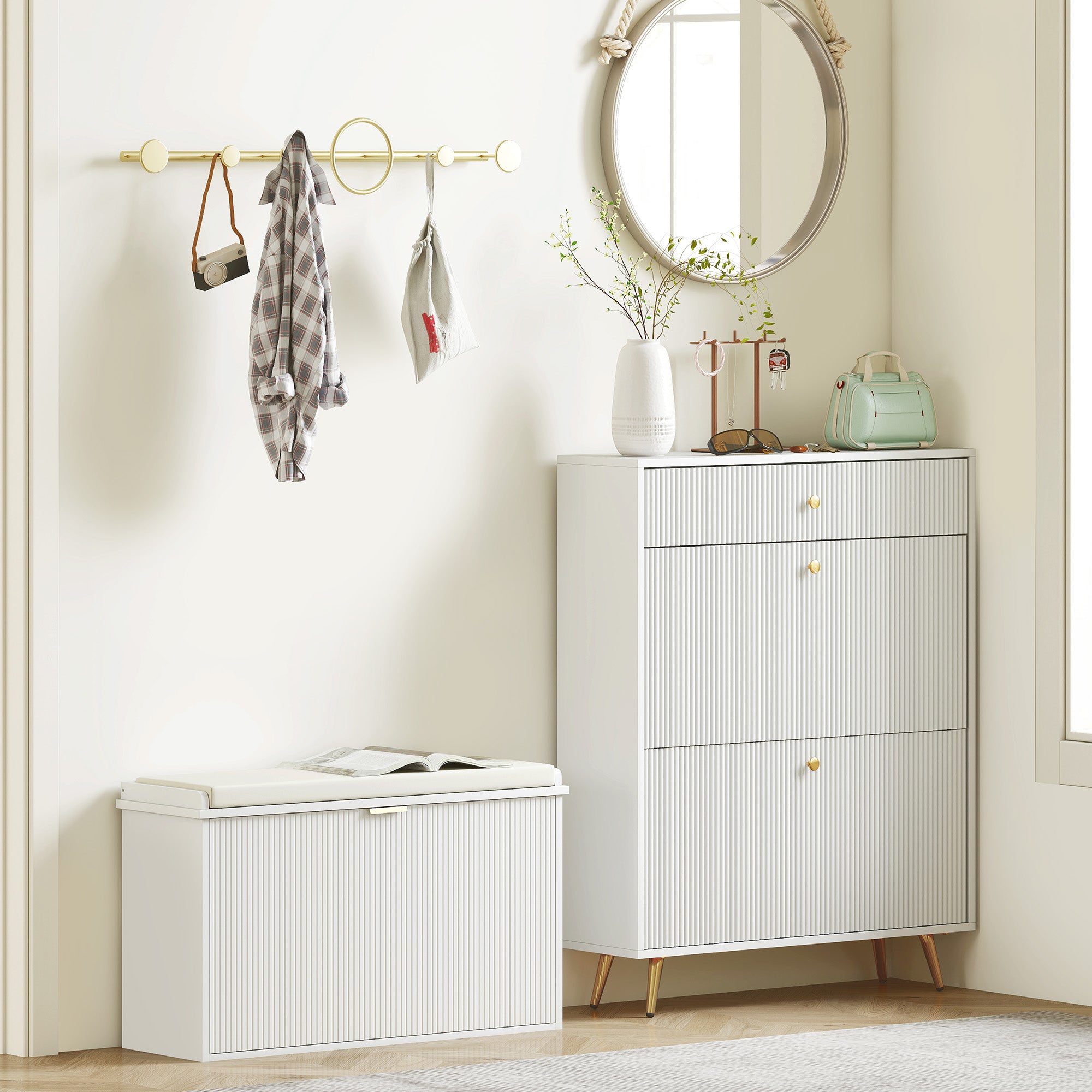 Shoe Bench Shoe Storage Bench Narrow Entryway Bench with Padded Seat Flip-Top Drawer and Slatted Panel for 8 Pairs of Shoes for Entryway Bedroom 80x26x47.5 cm White
