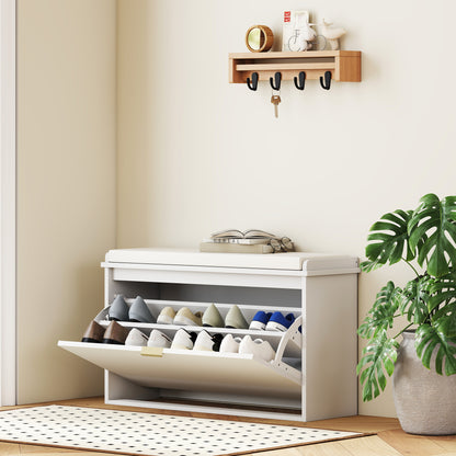 Shoe Bench Shoe Storage Bench Narrow Entryway Bench with Padded Seat Flip-Top Drawer and Slatted Panel for 8 Pairs of Shoes for Entryway Bedroom 80x26x47.5 cm White