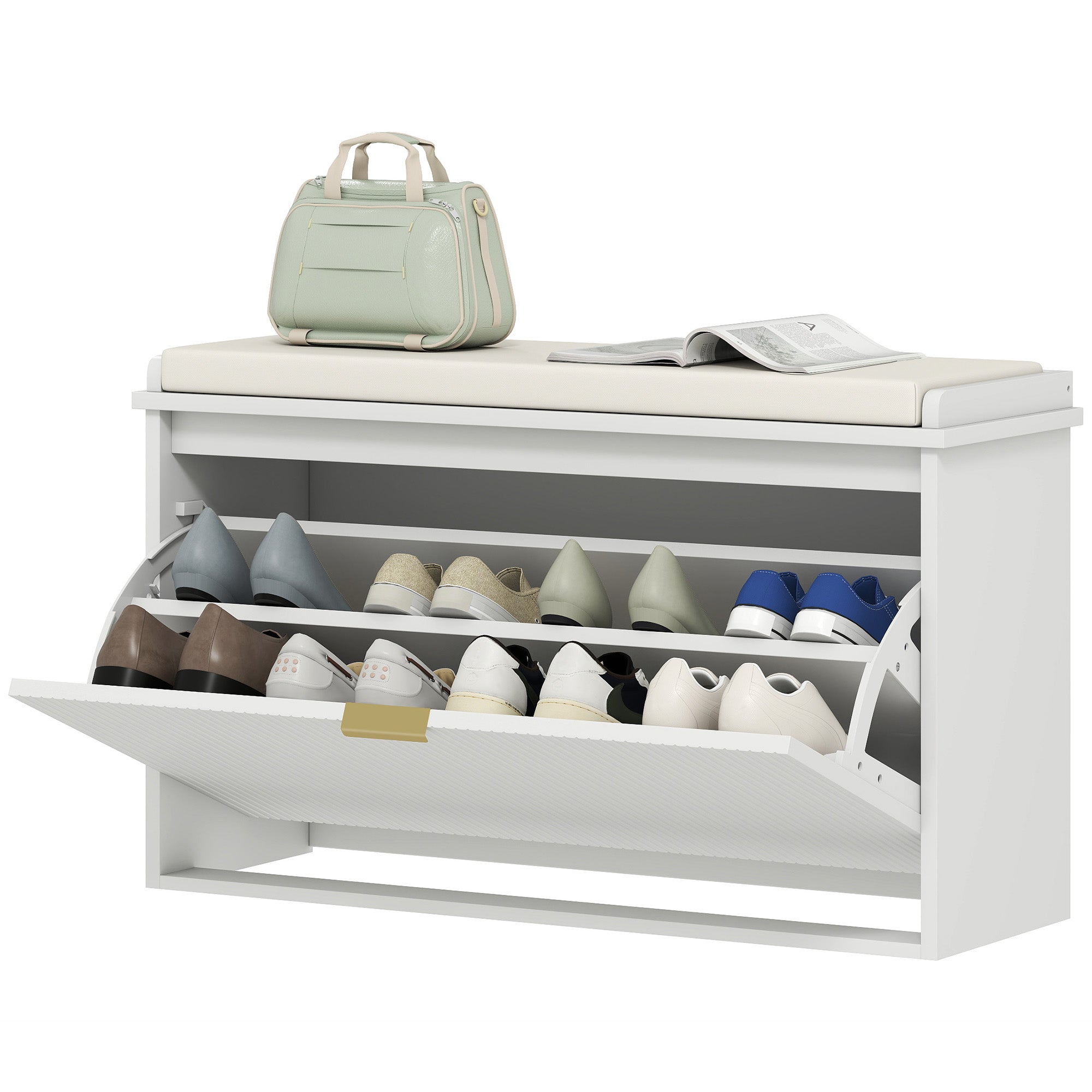 Shoe Bench Shoe Storage Bench Narrow Entryway Bench with Padded Seat Flip-Top Drawer and Slatted Panel for 8 Pairs of Shoes for Entryway Bedroom 80x26x47.5 cm White