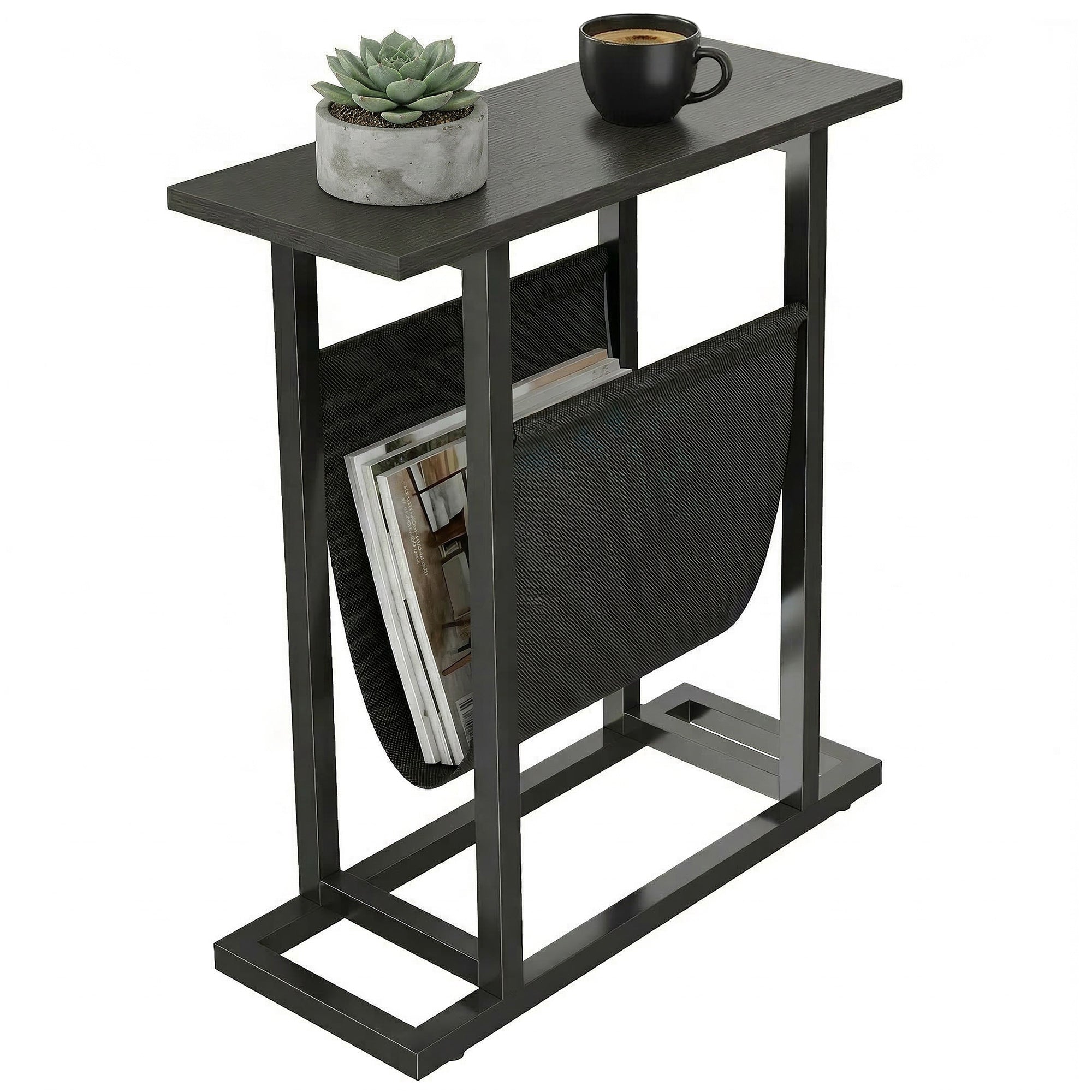 Side Table/Nightstand with Fabric Pocket, Steel Frame End Table for Living Room & Bedroom, 19.3 x 7.5 x 21.7 in, Black