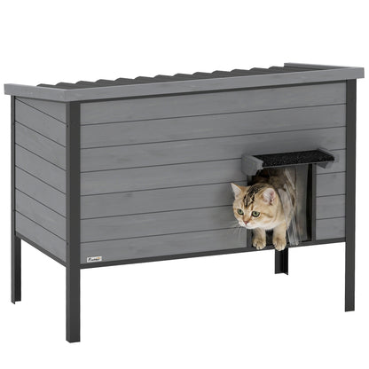 Weatherproof Wooden Cat House with Hinged Roof & Removable Floor, 33.5 x 21.7 x 27.6 in – Indoor/Outdoor Cat Den for 1–2 Cats (up to 26.5 lb each), Light Gray