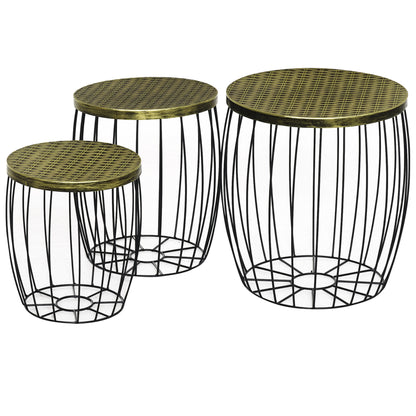 3-Piece Side Table Set Garden Table Retro Metal Wire Basket Outdoor Balcony Furniture Metal Natural+Black 3 Sizes