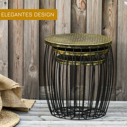 3-Piece Side Table Set Garden Table Retro Metal Wire Basket Outdoor Balcony Furniture Metal Natural+Black 3 Sizes