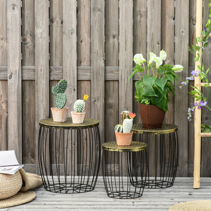 3-Piece Side Table Set Garden Table Retro Metal Wire Basket Outdoor Balcony Furniture Metal Natural+Black 3 Sizes