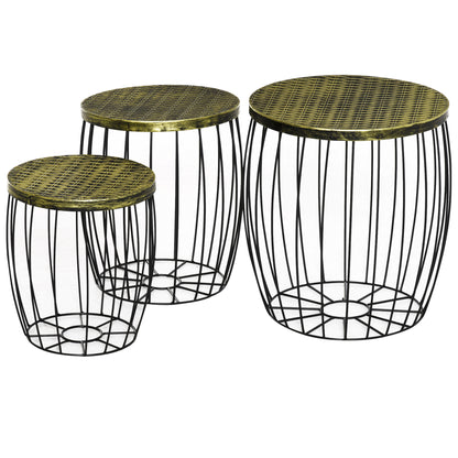 3-Piece Side Table Set Garden Table Retro Metal Wire Basket Outdoor Balcony Furniture Metal Natural+Black 3 Sizes