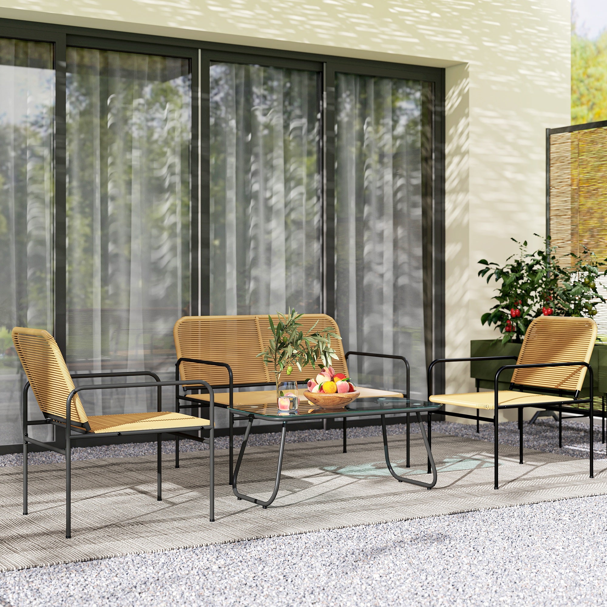 Outdoor Rattan Garden Set Weather-Resistant Terrace Furniture Outdoor Garden with 2 Chairs 2-Seater Sofa and Glass Table Natural