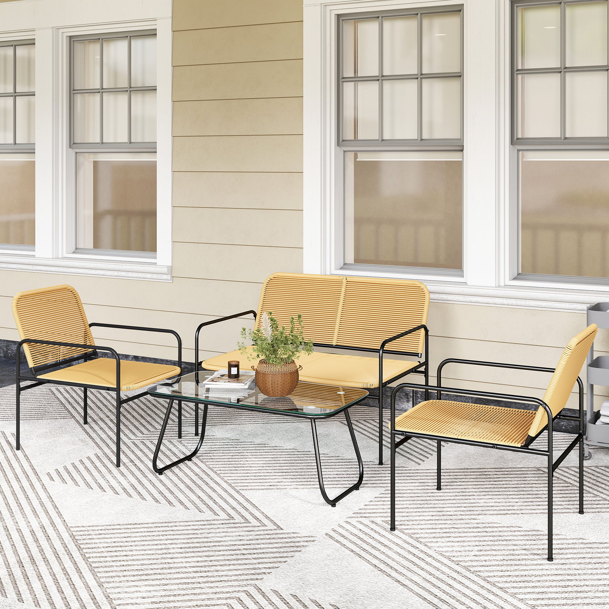 Outdoor Rattan Garden Set Weather-Resistant Terrace Furniture Outdoor Garden with 2 Chairs 2-Seater Sofa and Glass Table Natural