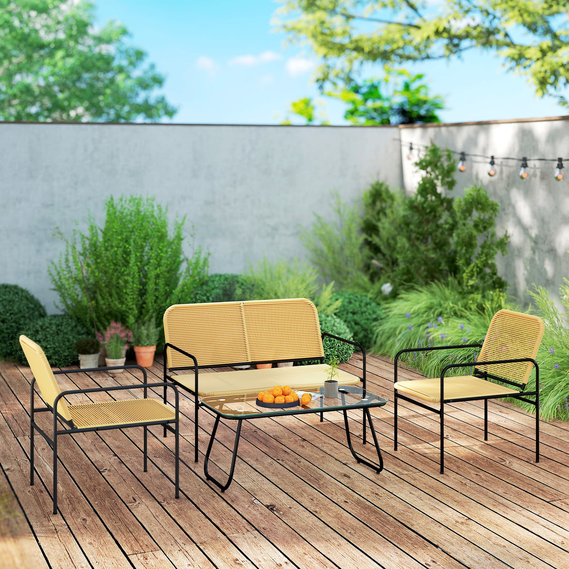 Outdoor Rattan Garden Set Weather-Resistant Terrace Furniture Outdoor Garden with 2 Chairs 2-Seater Sofa and Glass Table Natural