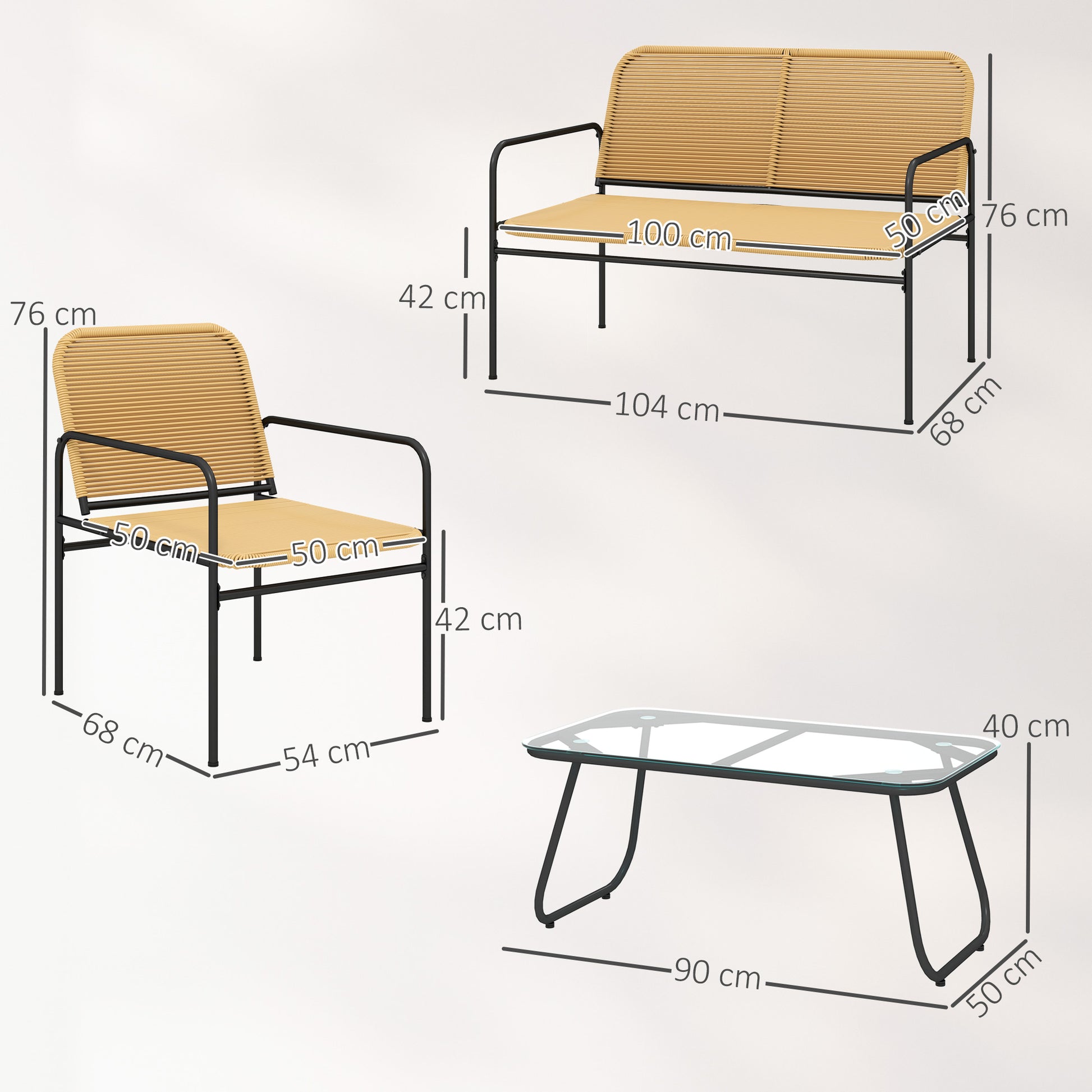 Outdoor Rattan Garden Set Weather-Resistant Terrace Furniture Outdoor Garden with 2 Chairs 2-Seater Sofa and Glass Table Natural