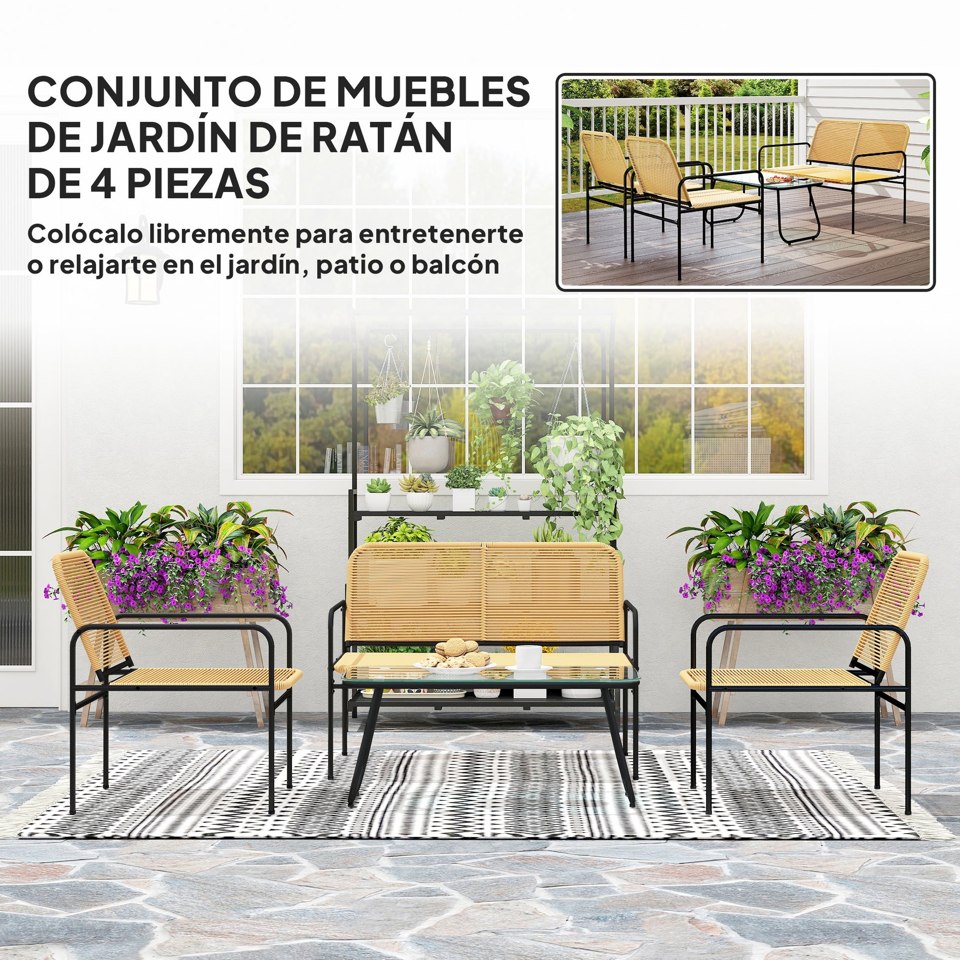 Outdoor Rattan Garden Set Weather-Resistant Terrace Furniture Outdoor Garden with 2 Chairs 2-Seater Sofa and Glass Table Natural