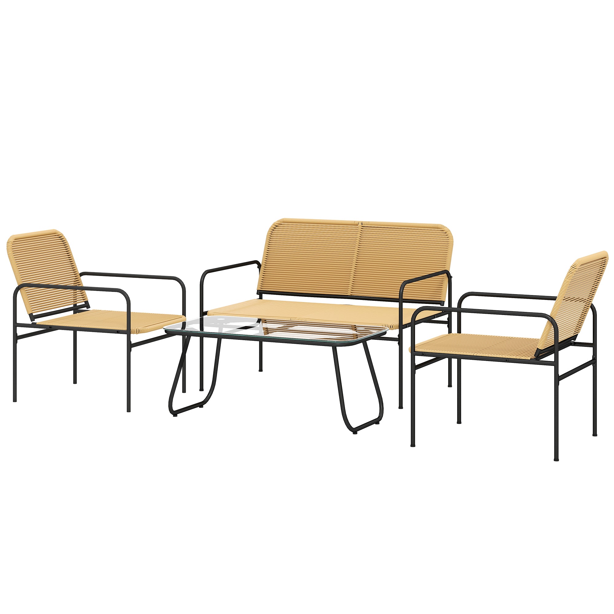 Outdoor Rattan Garden Set Weather-Resistant Terrace Furniture Outdoor Garden with 2 Chairs 2-Seater Sofa and Glass Table Natural