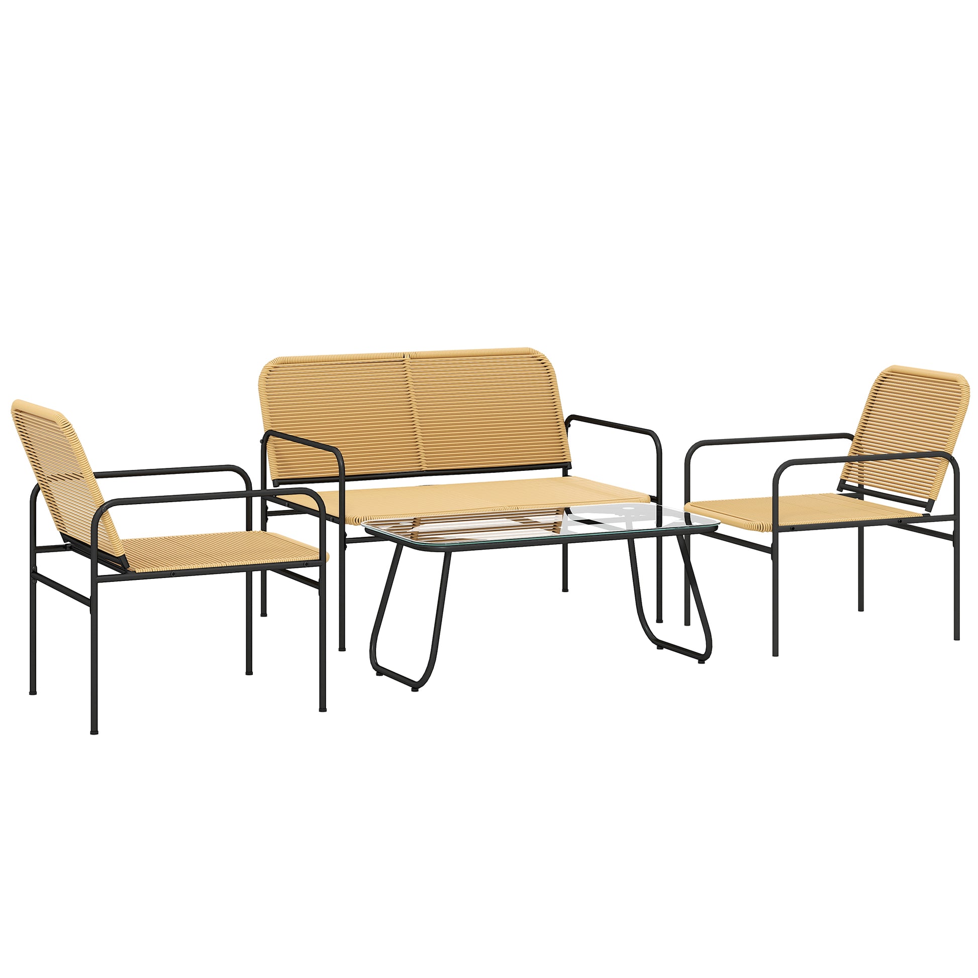 Outdoor Rattan Garden Set Weather-Resistant Terrace Furniture Outdoor Garden with 2 Chairs 2-Seater Sofa and Glass Table Natural