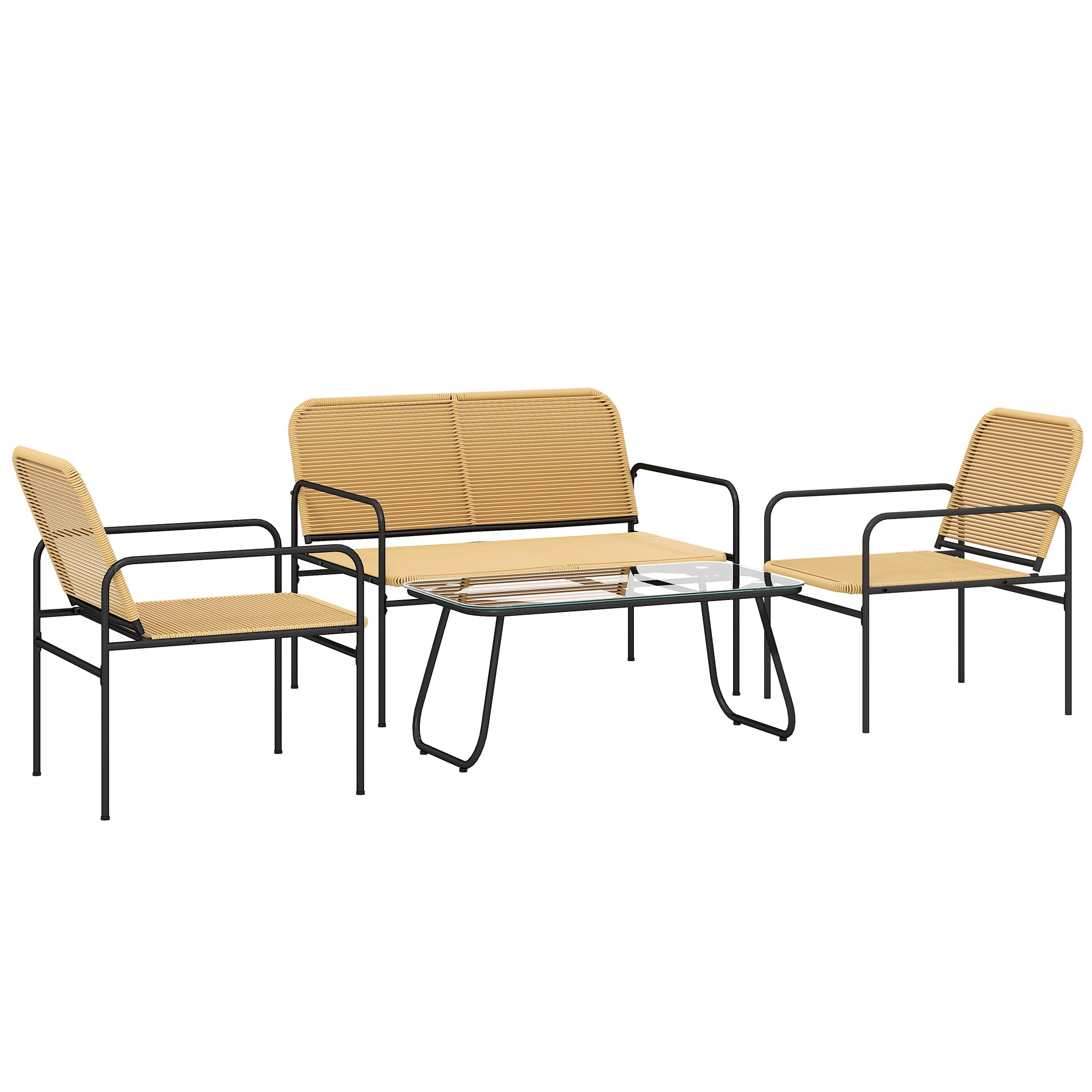 Outdoor Rattan Garden Set Weather-Resistant Terrace Furniture Outdoor Garden with 2 Chairs 2-Seater Sofa and Glass Table Natural