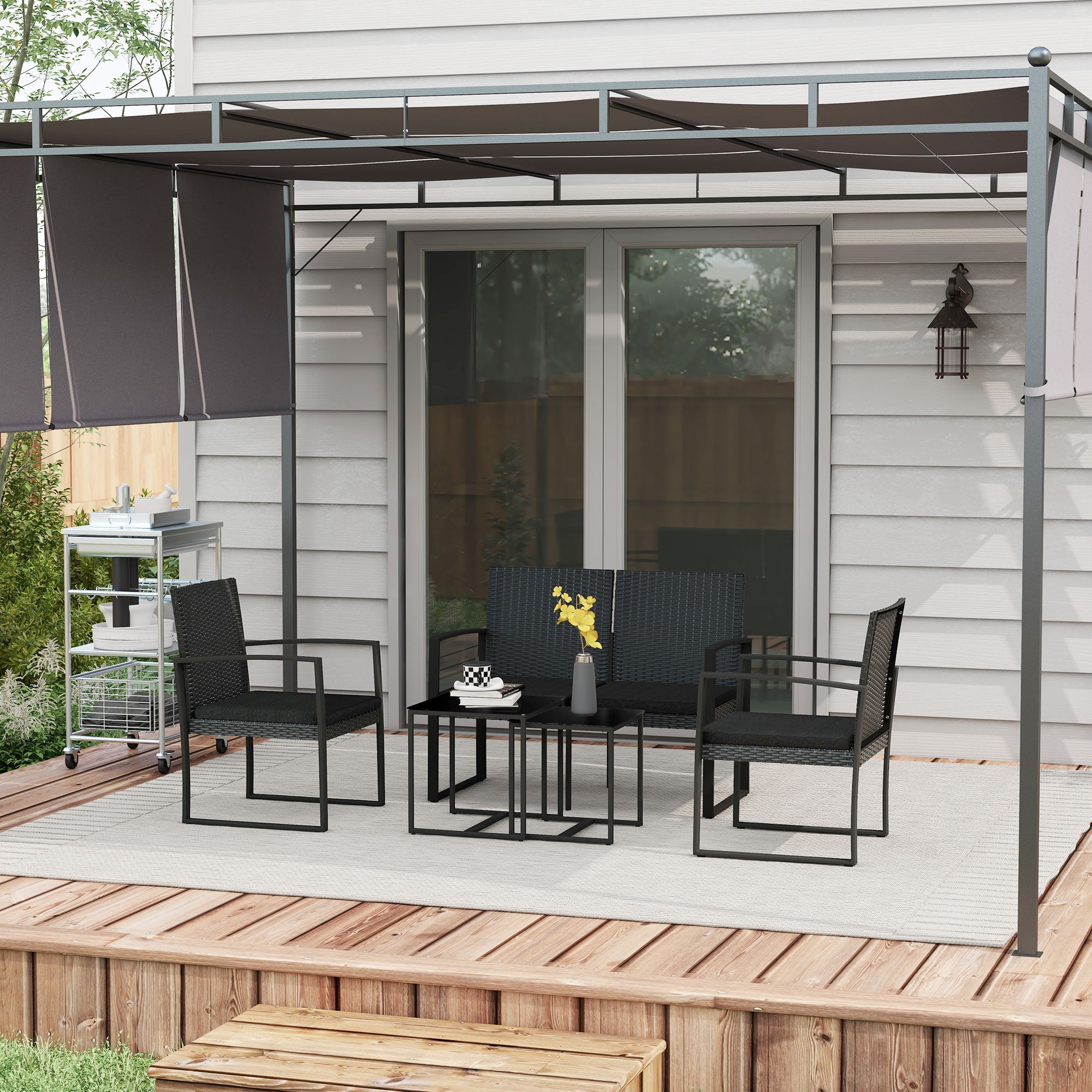 Synthetic Rattan Garden Furniture Set 5-Piece Outdoor Sofas Set with 2 Single Sofas, 1 Double Sofa, and 2 Coffee Tables for Patio Terrace Black