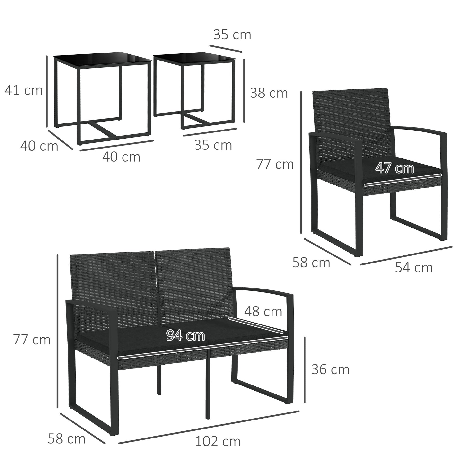 Synthetic Rattan Garden Furniture Set 5-Piece Outdoor Sofas Set with 2 Single Sofas, 1 Double Sofa, and 2 Coffee Tables for Patio Terrace Black