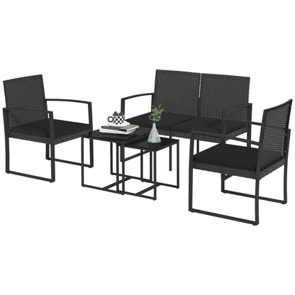 Synthetic Rattan Garden Furniture Set 5-Piece Outdoor Sofas Set with 2 Single Sofas, 1 Double Sofa, and 2 Coffee Tables for Patio Terrace Black