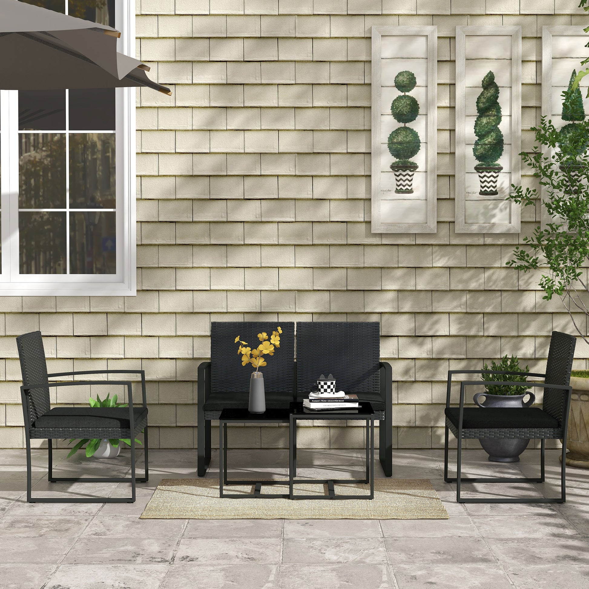 Synthetic Rattan Garden Furniture Set 5-Piece Outdoor Sofas Set with 2 Single Sofas, 1 Double Sofa, and 2 Coffee Tables for Patio Terrace Black