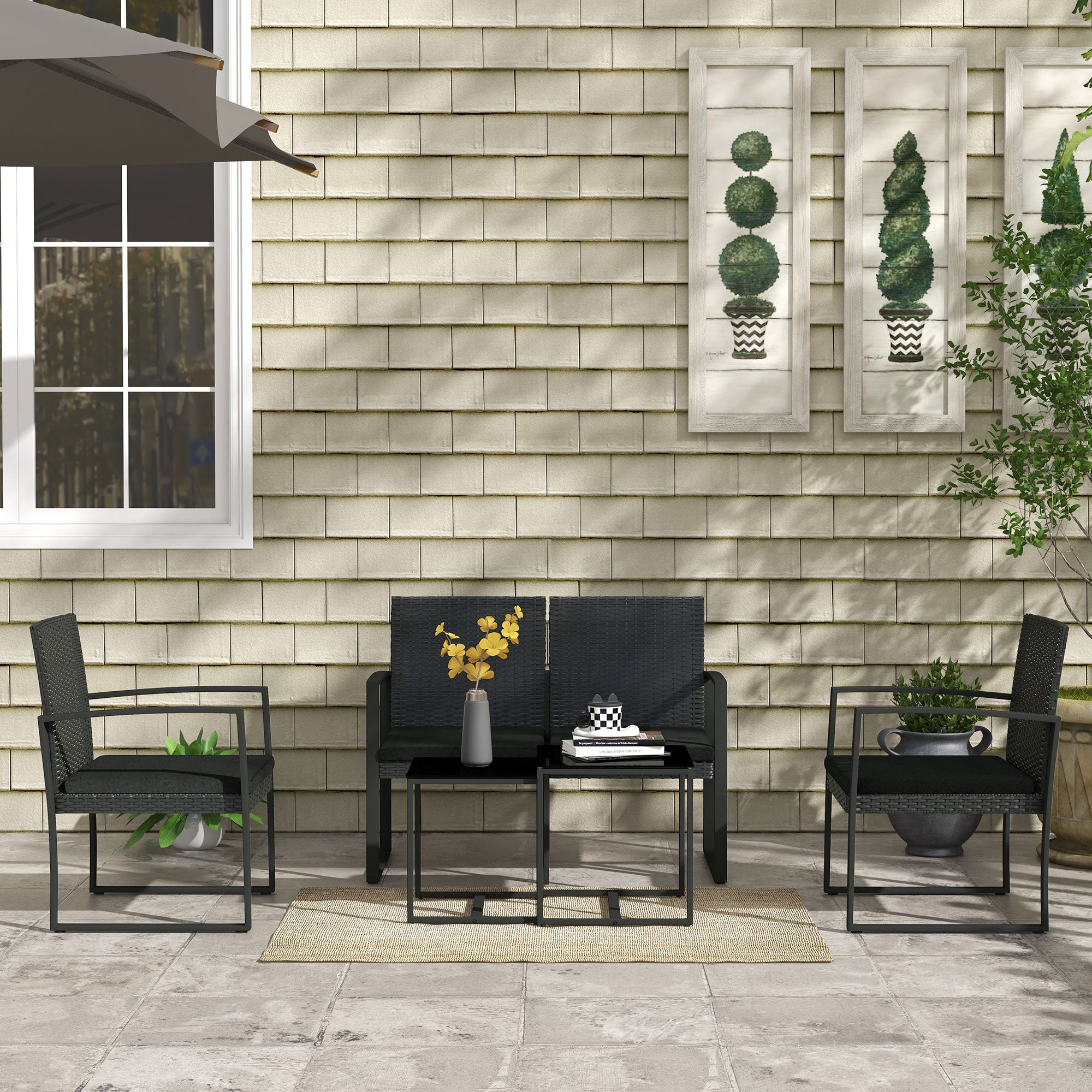 Synthetic Rattan Garden Furniture Set 5-Piece Outdoor Sofas Set with 2 Single Sofas, 1 Double Sofa, and 2 Coffee Tables for Patio Terrace Black