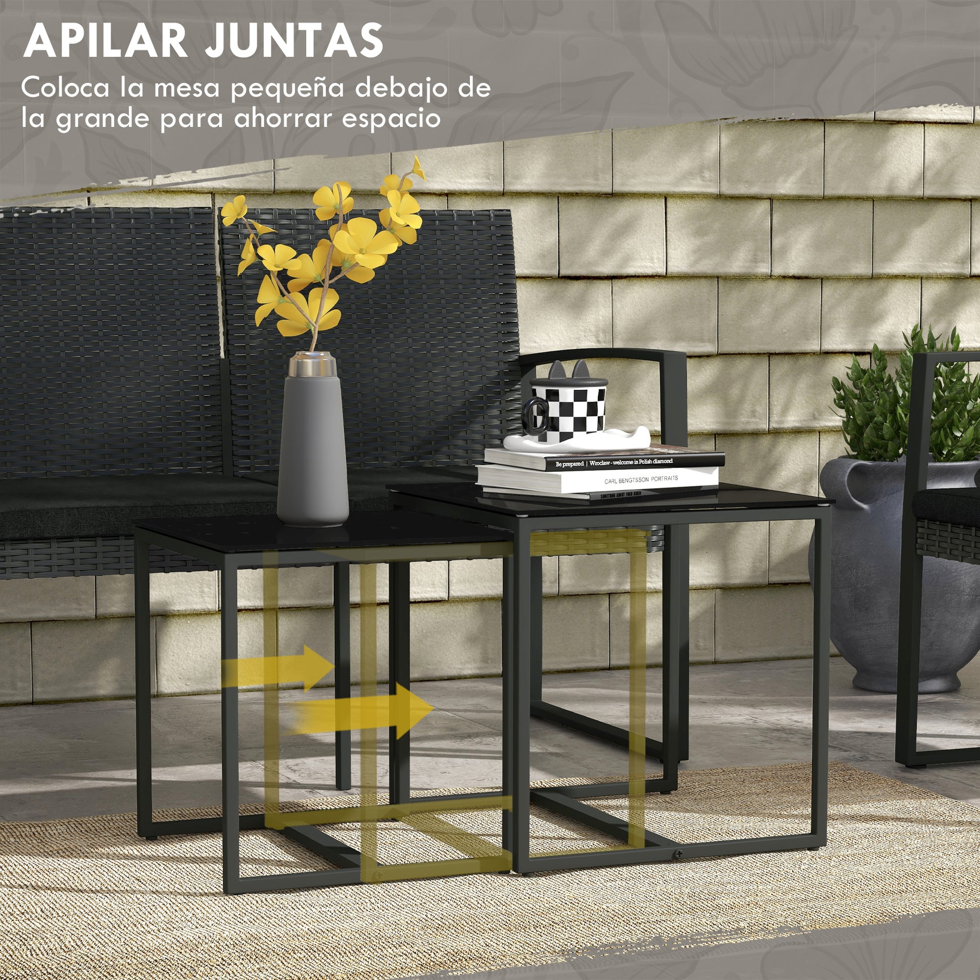 Synthetic Rattan Garden Furniture Set 5-Piece Outdoor Sofas Set with 2 Single Sofas, 1 Double Sofa, and 2 Coffee Tables for Patio Terrace Black