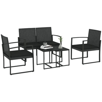 Synthetic Rattan Garden Furniture Set 5-Piece Outdoor Sofas Set with 2 Single Sofas, 1 Double Sofa, and 2 Coffee Tables for Patio Terrace Black