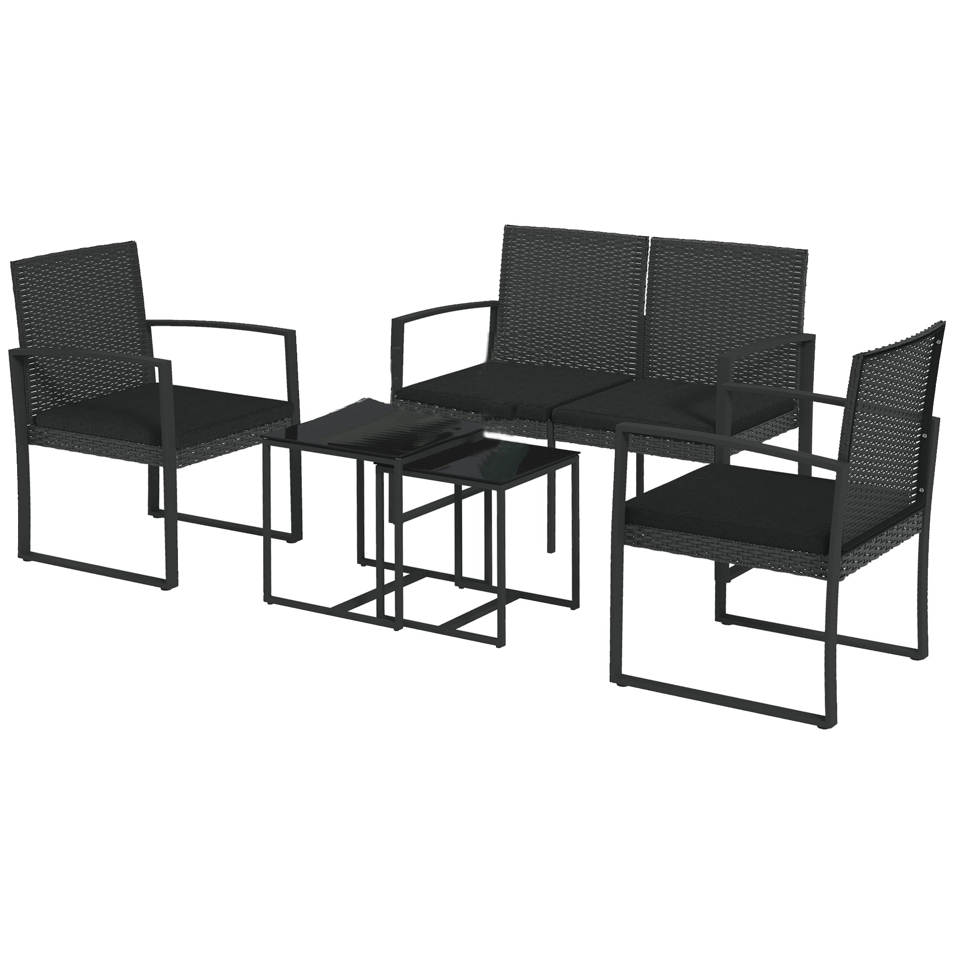 Synthetic Rattan Garden Furniture Set 5-Piece Outdoor Sofas Set with 2 Single Sofas, 1 Double Sofa, and 2 Coffee Tables for Patio Terrace Black