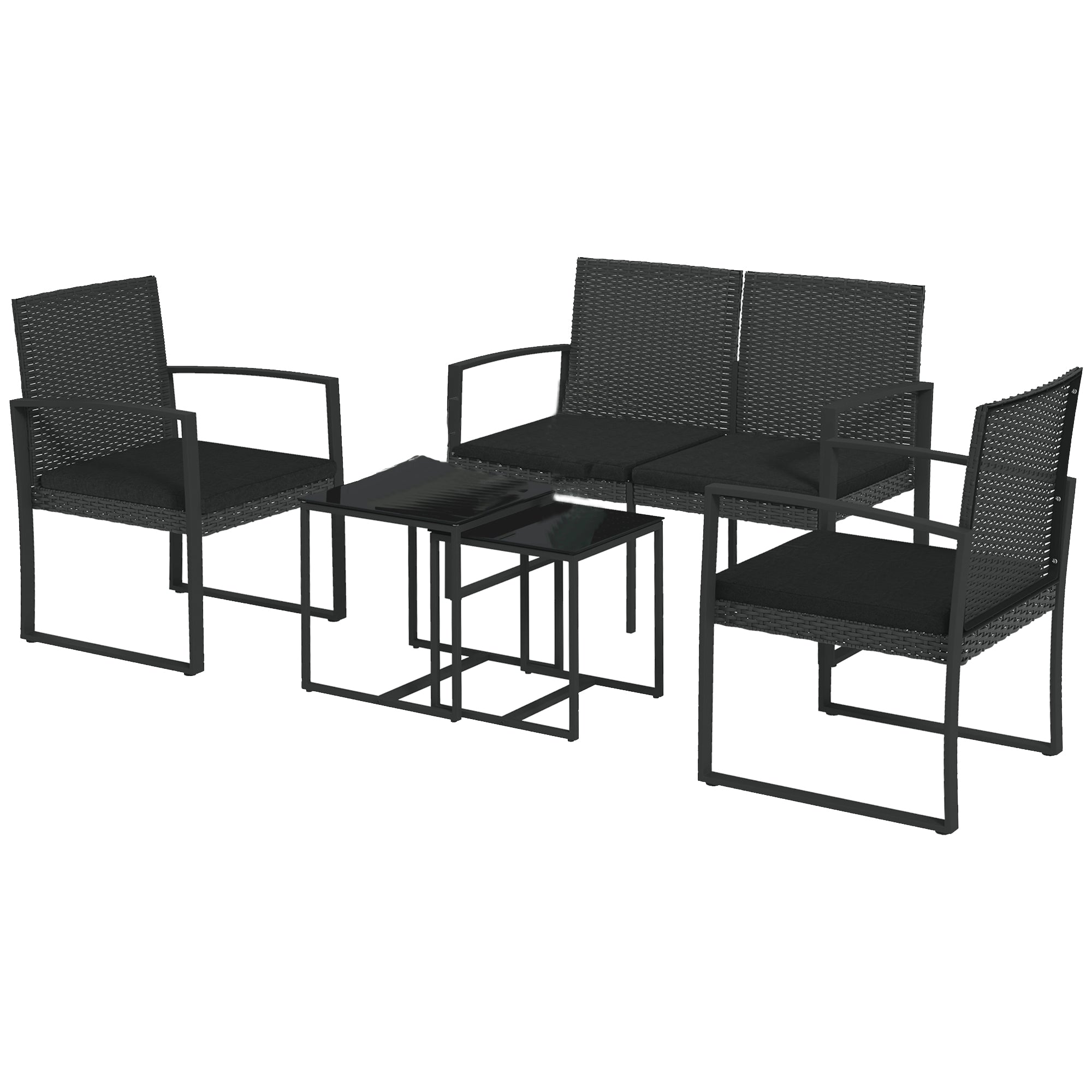Synthetic Rattan Garden Furniture Set 5-Piece Outdoor Sofas Set with 2 Single Sofas, 1 Double Sofa, and 2 Coffee Tables for Patio Terrace Black