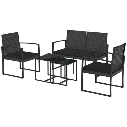 Synthetic Rattan Garden Furniture Set 5-Piece Outdoor Sofas Set with 2 Single Sofas, 1 Double Sofa, and 2 Coffee Tables for Patio Terrace Black