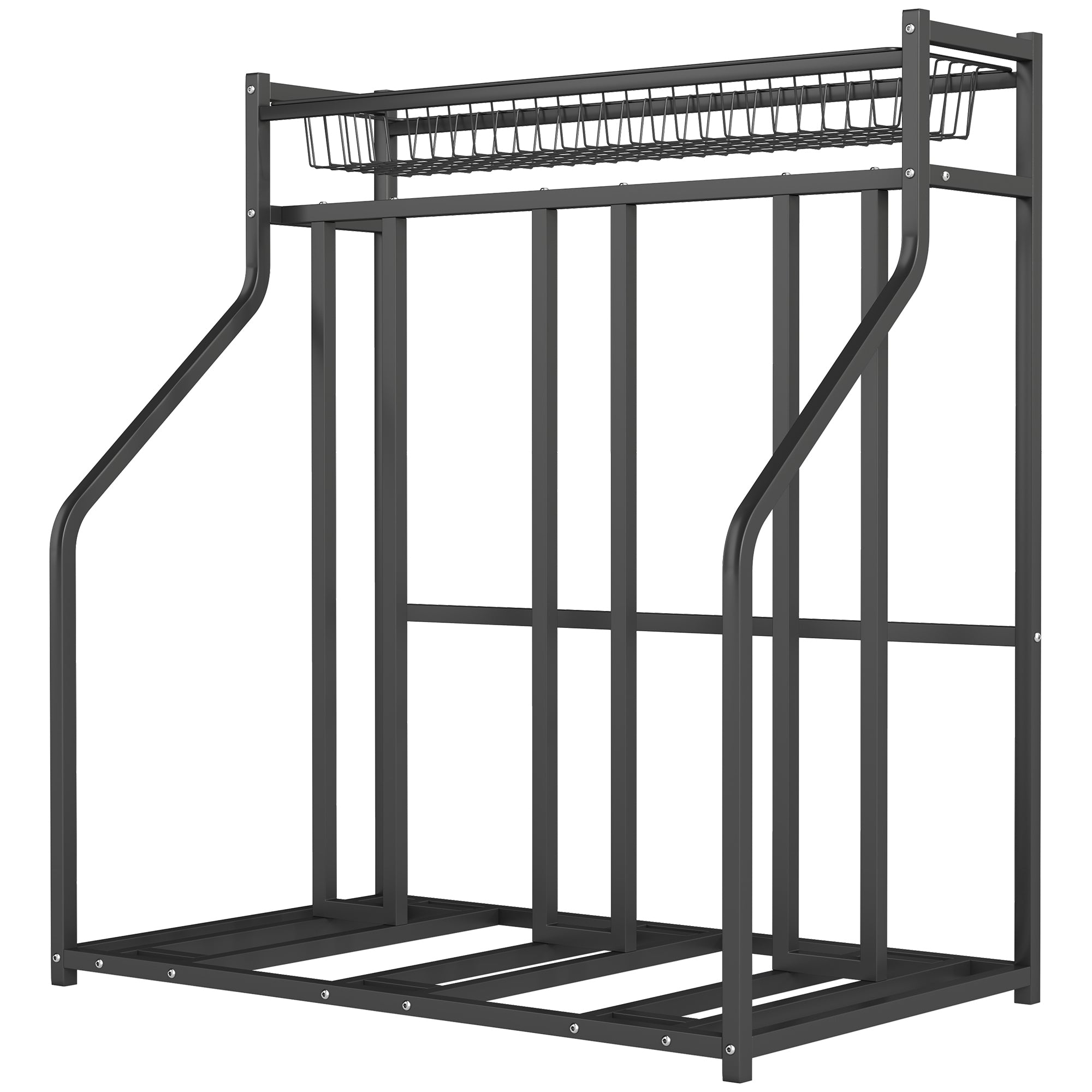 SPORTNOW Bike Stand, 3-Bike Parking Support Stand, with Upper Basket and 4 Adjustable S Hooks, Space for Road Bikes, Mountain Bikes, Hybrids, for Adults or Children, Black