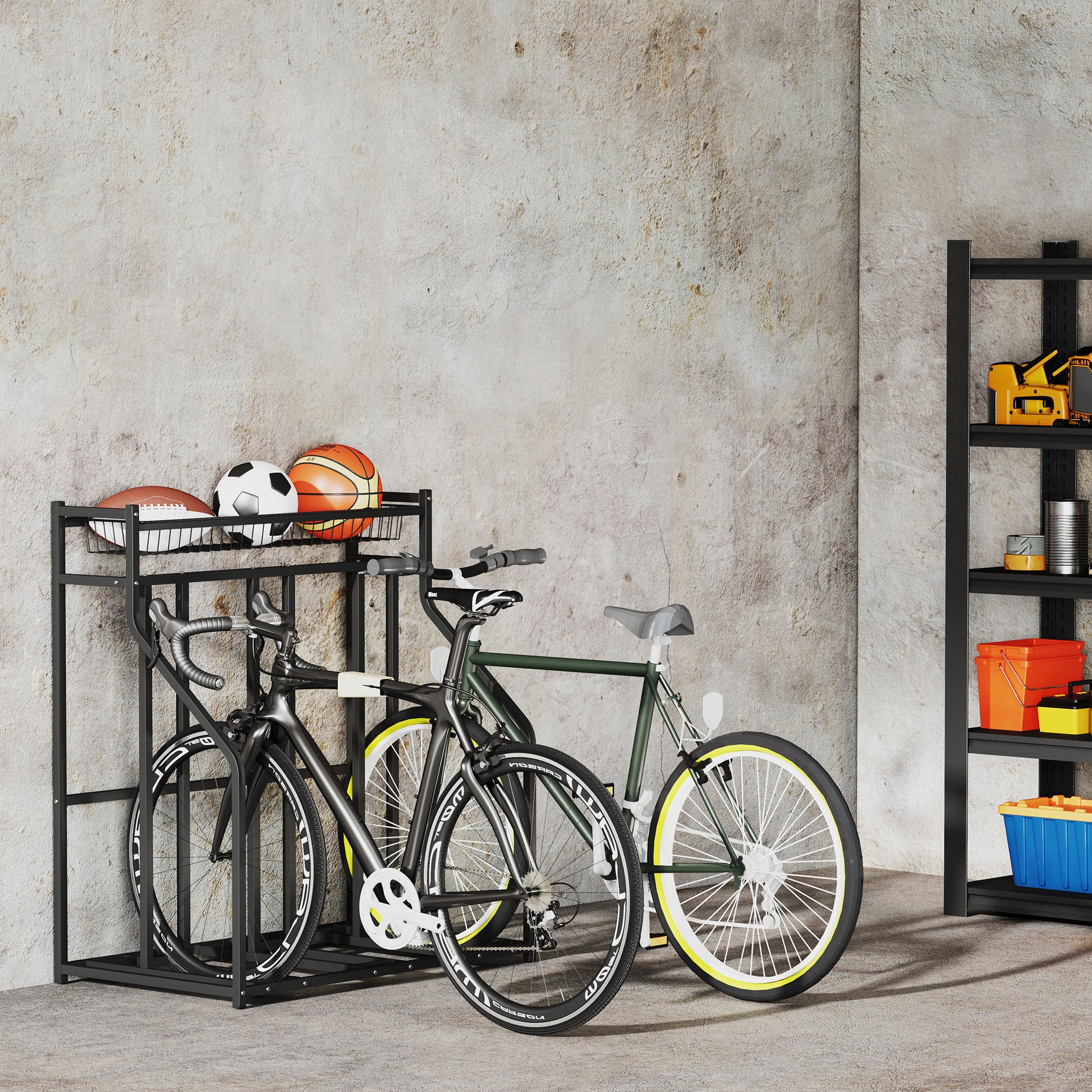 SPORTNOW Bike Stand, 3-Bike Parking Support Stand, with Upper Basket and 4 Adjustable S Hooks, Space for Road Bikes, Mountain Bikes, Hybrids, for Adults or Children, Black
