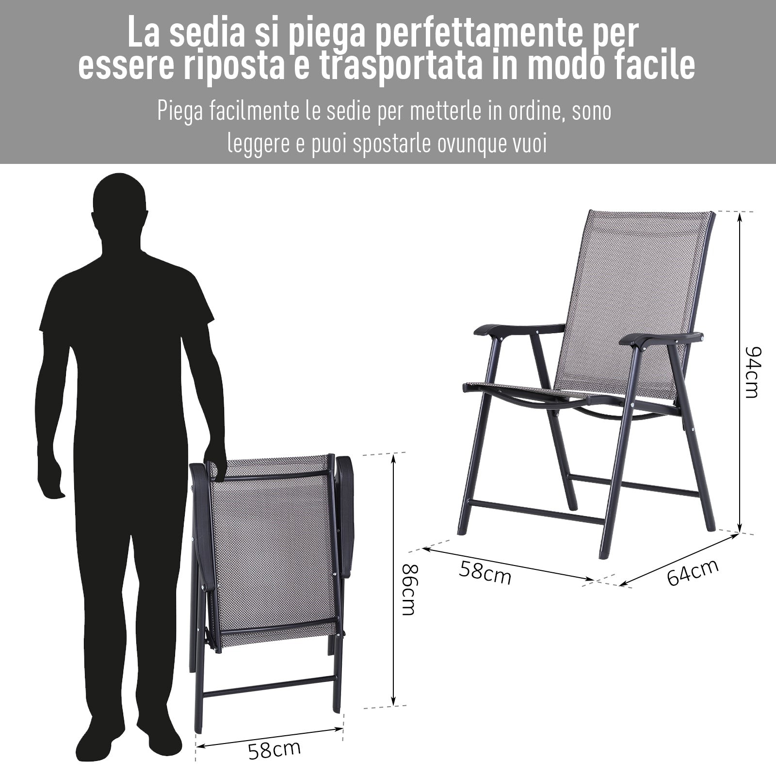 Set of 4 Folding Outdoor Chairs in Steel and Texteline for Garden Patio Terrace, Gray, 58 x 64 x 94cm