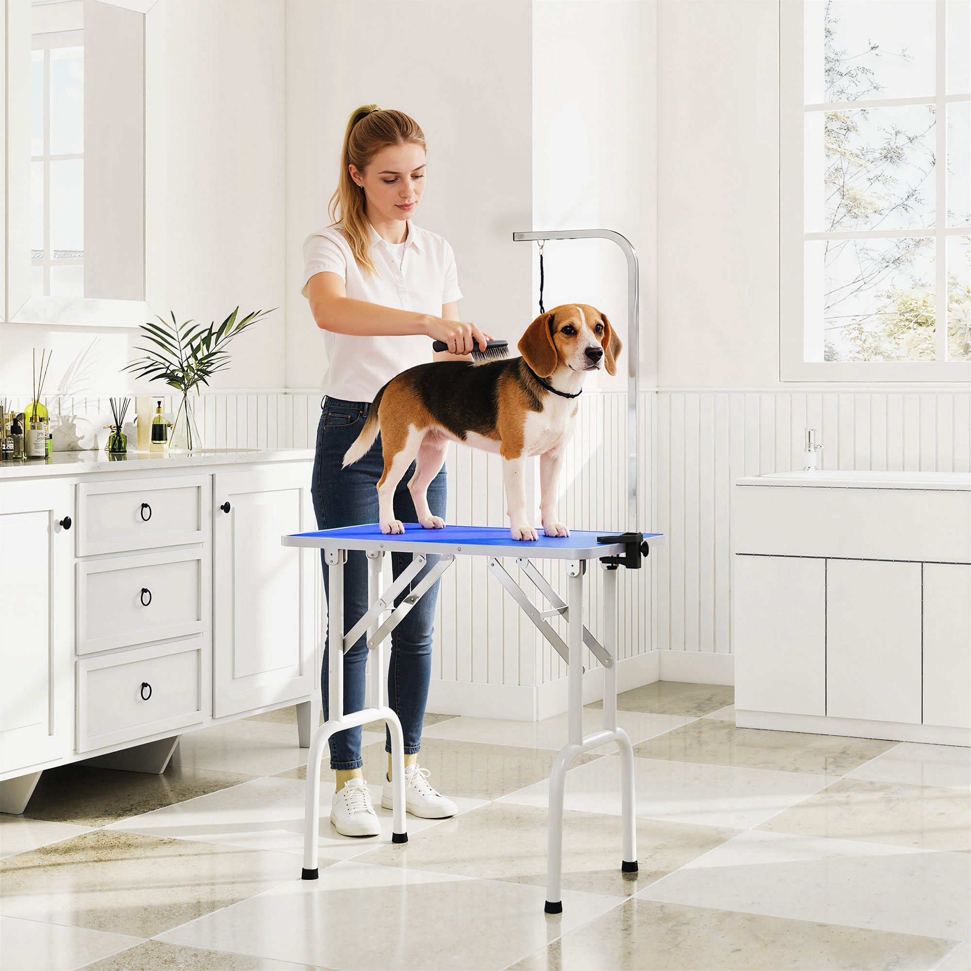 Folding Dog Grooming Table, Non-Slip Top, Adjustable Stainless Steel Arm, for Small & Medium Dogs, 32 x 19 x 31.5 in, Blue